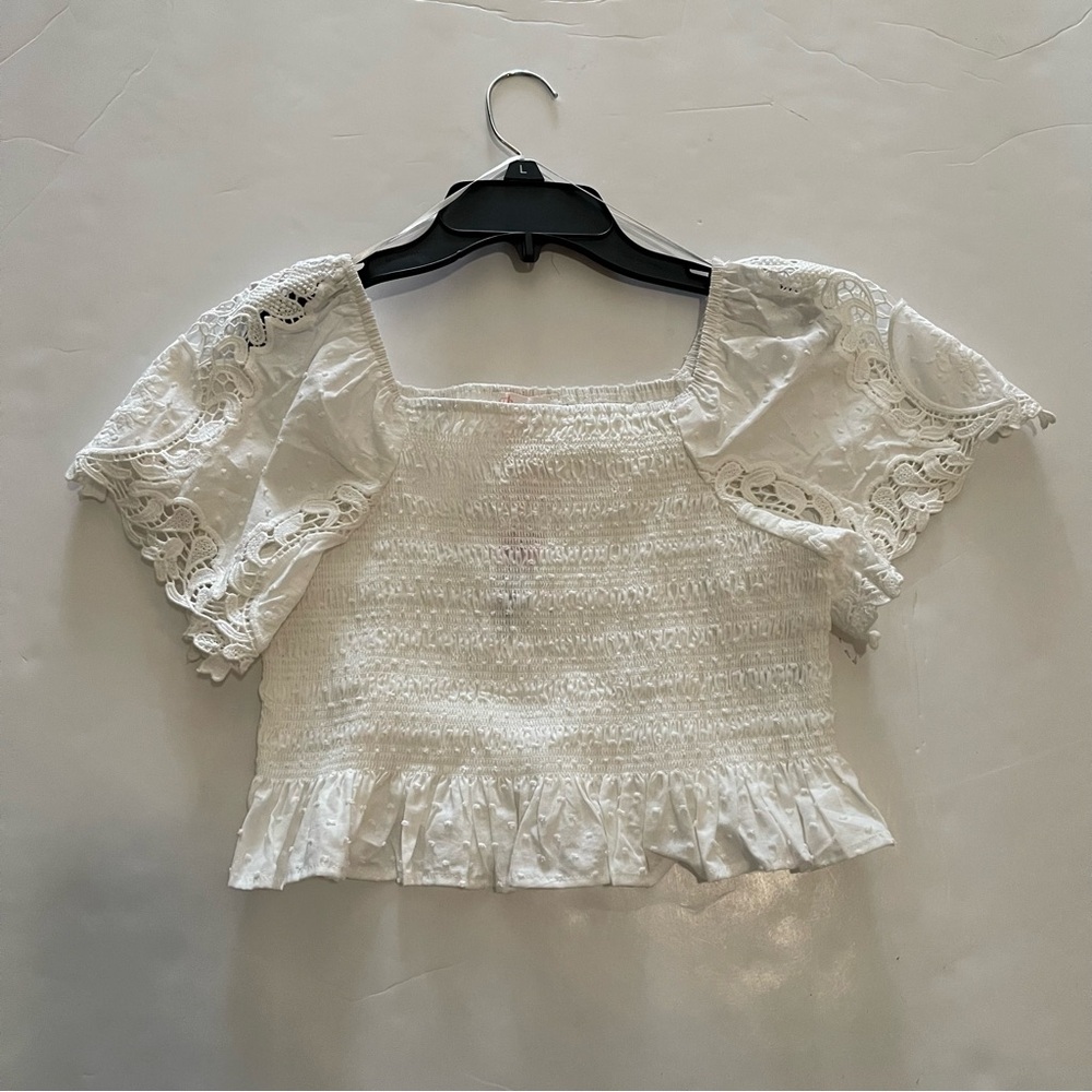 G B Girls Smocked White Lace Sleeve Square Neck Ruffle Top